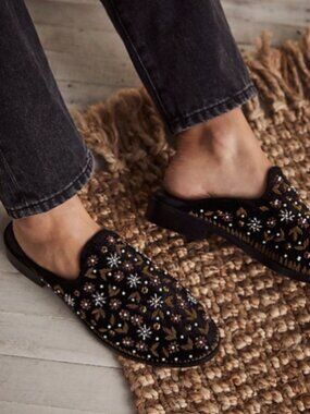 Free People Dark Blue Velvet Cosmic Loafer Mules